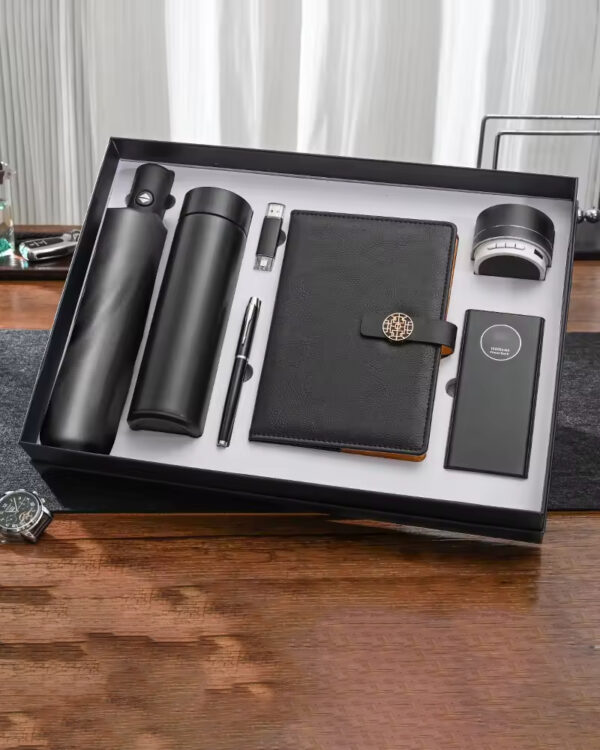 Executive Power Bank Notebook (8000mAh, 7-Color Light-Up Logo, 5W Wireless Charger, 16GB USB), Metal Pen & Stainless Steel Bottle Gift Set - Image 2
