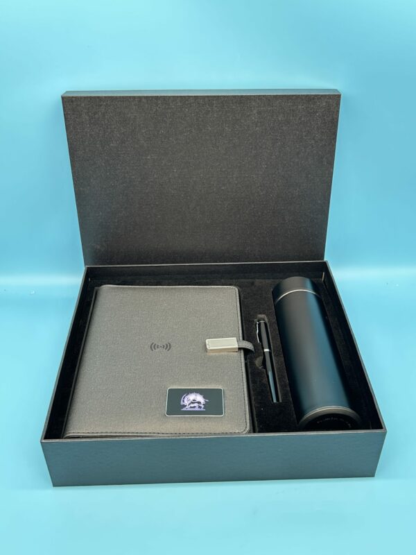 Executive Power Bank Notebook (8000mAh, 7-Color Light-Up Logo, 5W Wireless Charger, 16GB USB), Metal Pen & Stainless Steel Bottle Gift Set - Image 2
