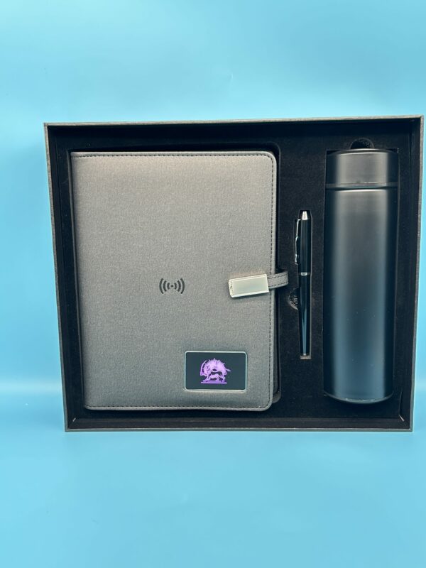 Executive Power Bank Notebook (8000mAh, 7-Color Light-Up Logo, 5W Wireless Charger, 16GB USB), Metal Pen & Stainless Steel Bottle Gift Set - Image 3