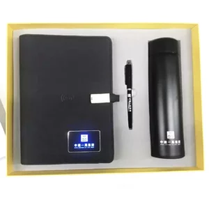 Executive Power Bank Notebook (8000mAh, 7-Color Light-Up Logo, 5W Wireless Charger, 16GB USB), Metal Pen & Stainless Steel Bottle Gift Set