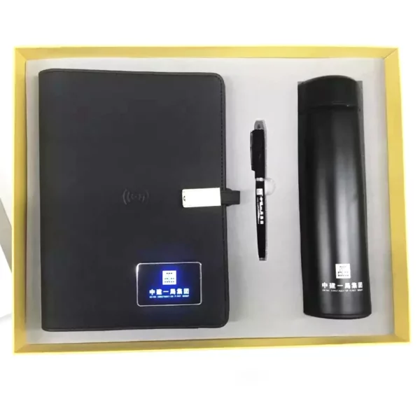 Executive Power Bank Notebook (8000mAh, 7-Color Light-Up Logo, 5W Wireless Charger, 16GB USB), Metal Pen & Stainless Steel Bottle Gift Set
