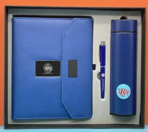 Executive Power Bank Notebook (8000mAh, 7-Color Light-Up Logo, 5W Wireless Charger, 16GB USB), Metal Pen & Stainless Steel Bottle Gift Set