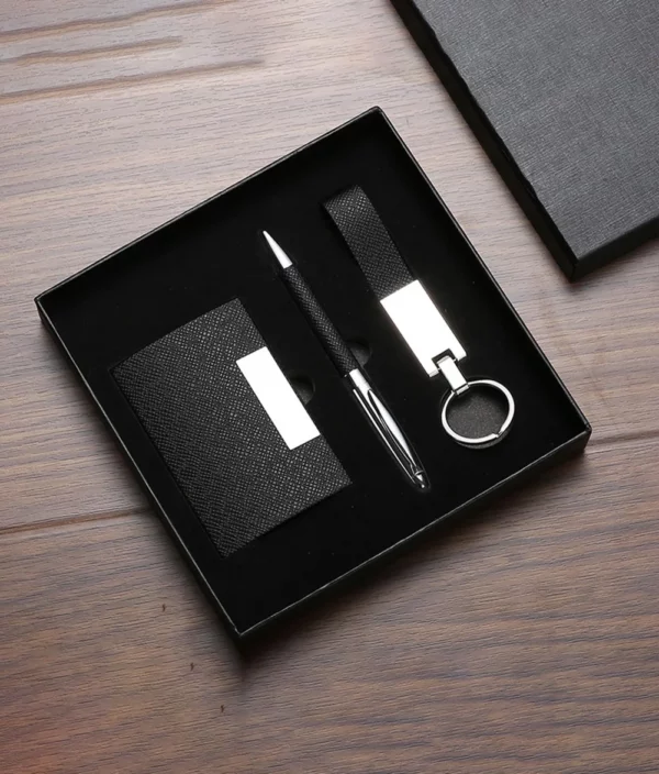 Sleek Black/Blue/Gray PU & Metal Card Holder, Pen & Keychain Professional Gift Box Set
