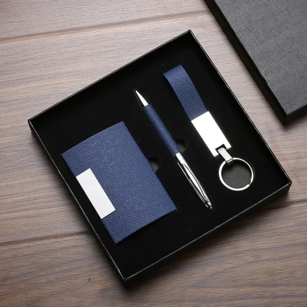 Sleek Black/Blue/Gray PU & Metal Card Holder, Pen & Keychain Professional Gift Box Set - Image 2