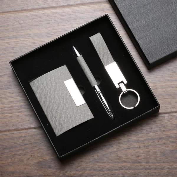 Sleek Black/Blue/Gray PU & Metal Card Holder, Pen & Keychain Professional Gift Box Set - Image 3