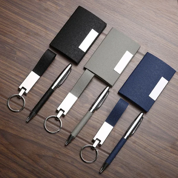 Sleek Black/Blue/Gray PU & Metal Card Holder, Pen & Keychain Professional Gift Box Set - Image 4
