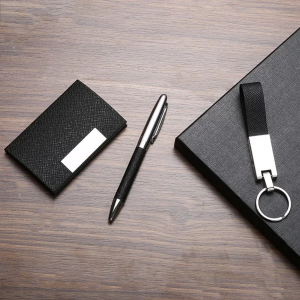 Sleek Black/Blue/Gray PU & Metal Card Holder, Pen & Keychain Professional Gift Box Set - Image 5
