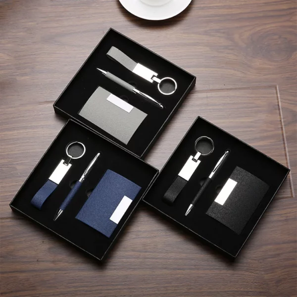 Sleek Black/Blue/Gray PU & Metal Card Holder, Pen & Keychain Professional Gift Box Set - Image 6