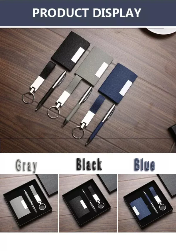 Sleek Black/Blue/Gray PU & Metal Card Holder, Pen & Keychain Professional Gift Box Set - Image 7