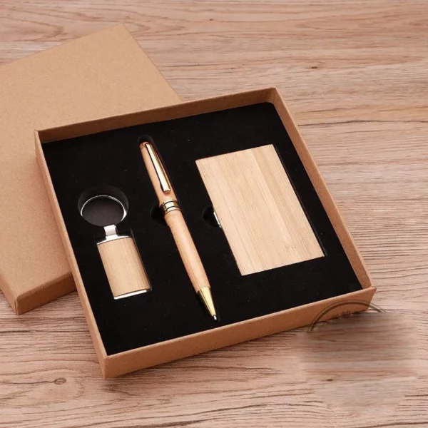 Eco-Friendly Bamboo Keychain, Pen & Card Holder Sustainable Gift Box Set - Image 4
