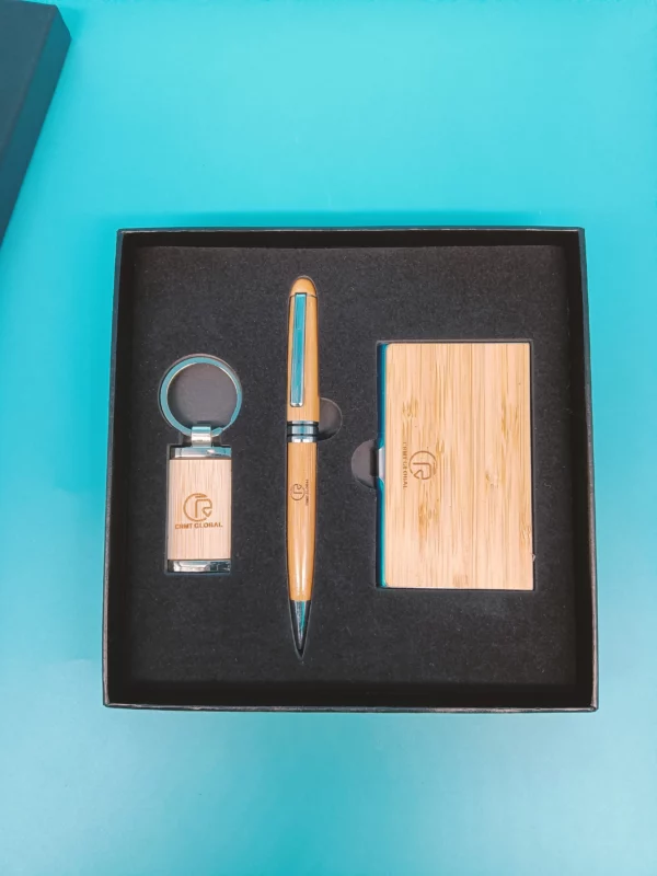 Eco-Friendly Bamboo Keychain, Pen & Card Holder Sustainable Gift Box Set - Image 9