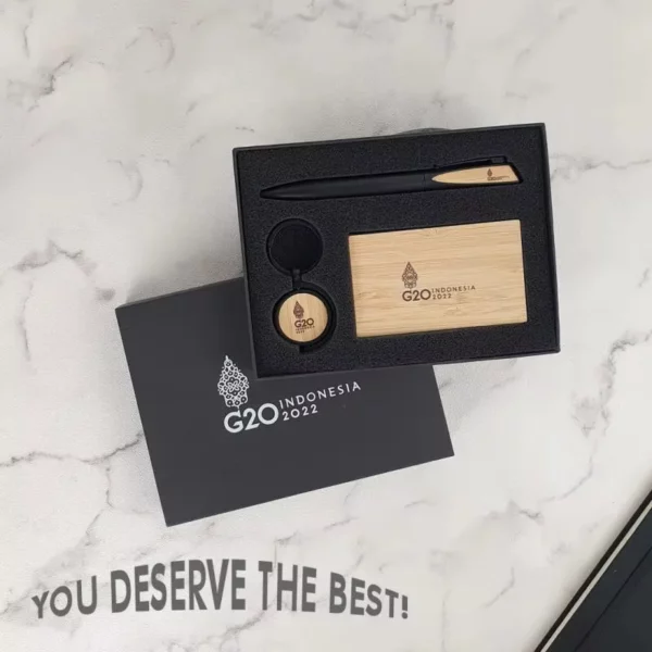 Natural Bamboo Keychain, Pen & Card Holder Executive Gift Box Set - Image 2