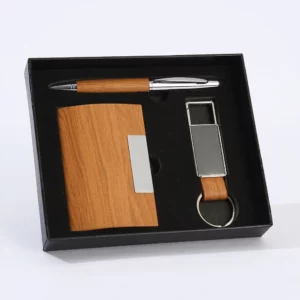 Premium Bamboo Keychain, Pen & Card Holder Office Gift Box Set