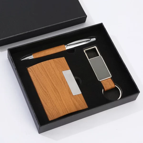 Premium Bamboo Keychain, Pen & Card Holder Office Gift Box Set - Image 2