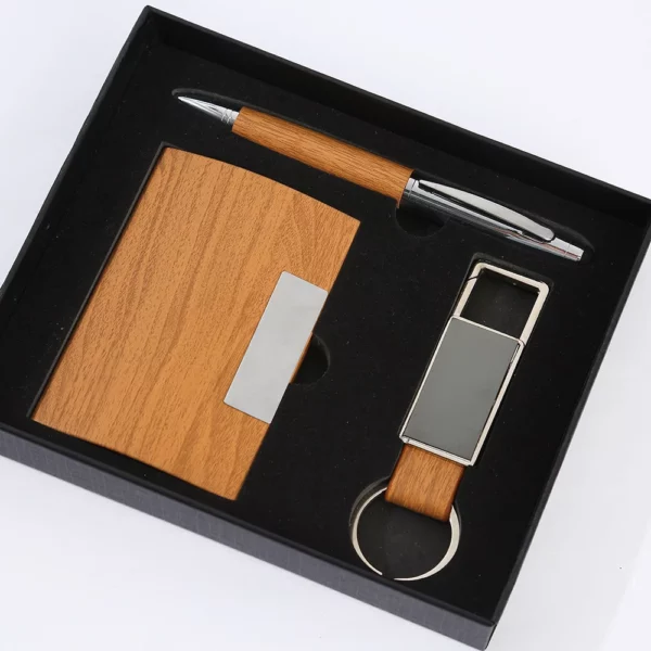 Premium Bamboo Keychain, Pen & Card Holder Office Gift Box Set - Image 4