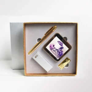 Advanced 7800mAh Power Bank with Printed Screen, Metal Pen & 16GB Gold USB Drive Tech Gift Set