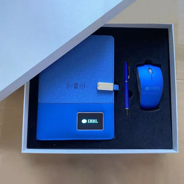 Executive Power Bank Notebook (8000mAh, 7-Color Light-Up Logo, 5W Wireless Charger, 16GB USB), Metal Pen & Wireless Mouse Gift Set - Image 2