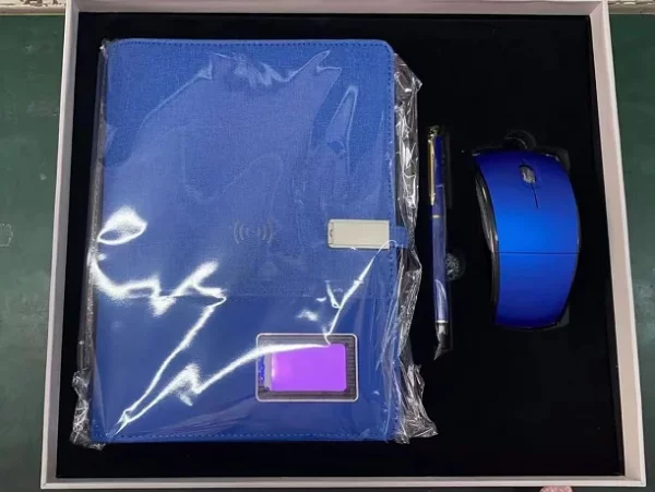 Executive Power Bank Notebook (8000mAh, 7-Color Light-Up Logo, 5W Wireless Charger, 16GB USB), Metal Pen & Wireless Mouse Gift Set - Image 4