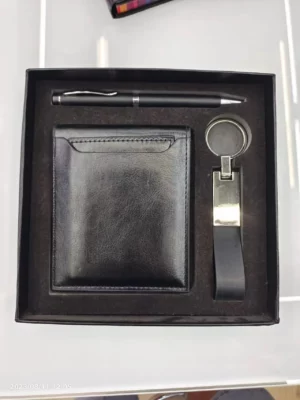 Stylish Metal & PU Keychain, Metal Pen & PU Wallet Gift Box Set