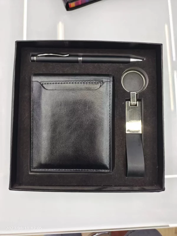 Stylish Metal & PU Keychain, Metal Pen & PU Wallet Gift Box Set