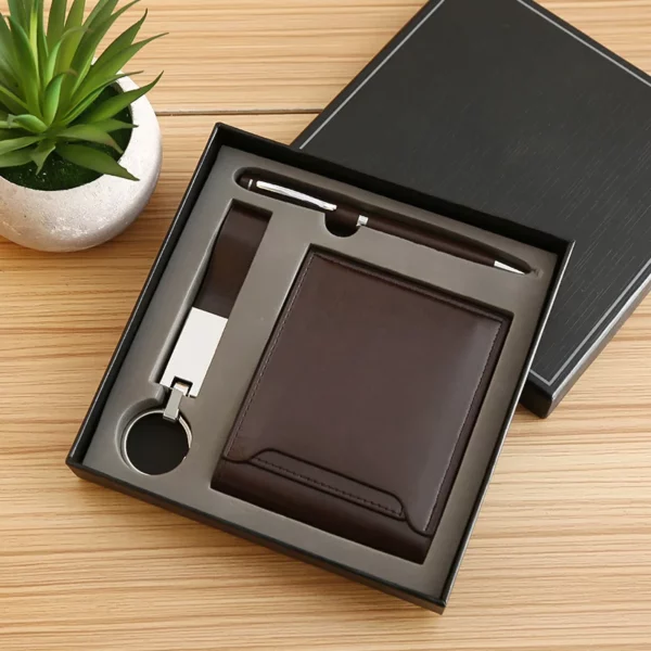 Stylish Metal & PU Keychain, Metal Pen & PU Wallet Gift Box Set - Image 2