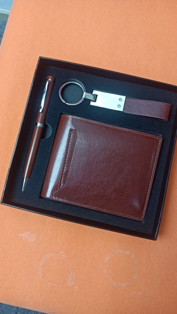 Stylish Metal & PU Keychain, Metal Pen & PU Wallet Gift Box Set - Image 3