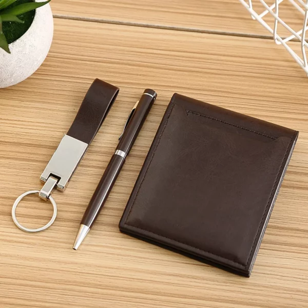 Stylish Metal & PU Keychain, Metal Pen & PU Wallet Gift Box Set - Image 6
