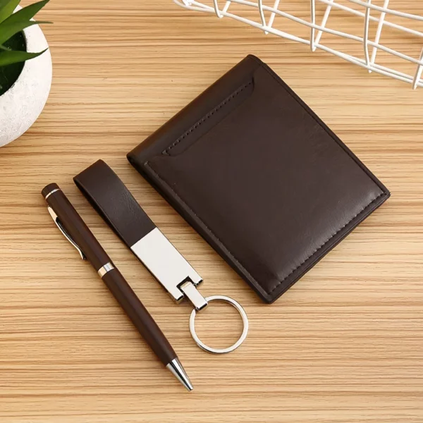Stylish Metal & PU Keychain, Metal Pen & PU Wallet Gift Box Set - Image 7
