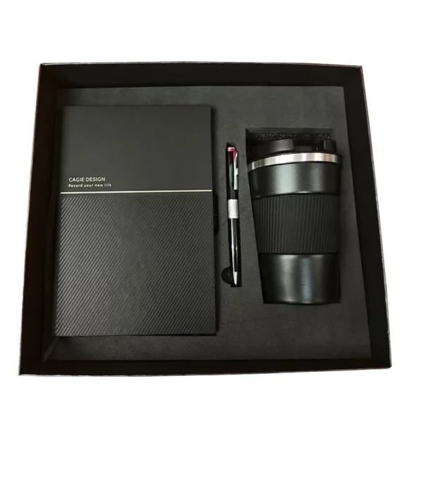 Black Stainless Steel Coffee Cup, A5 Notebook & Metal Pen Executive Gift Set with Box & Bag