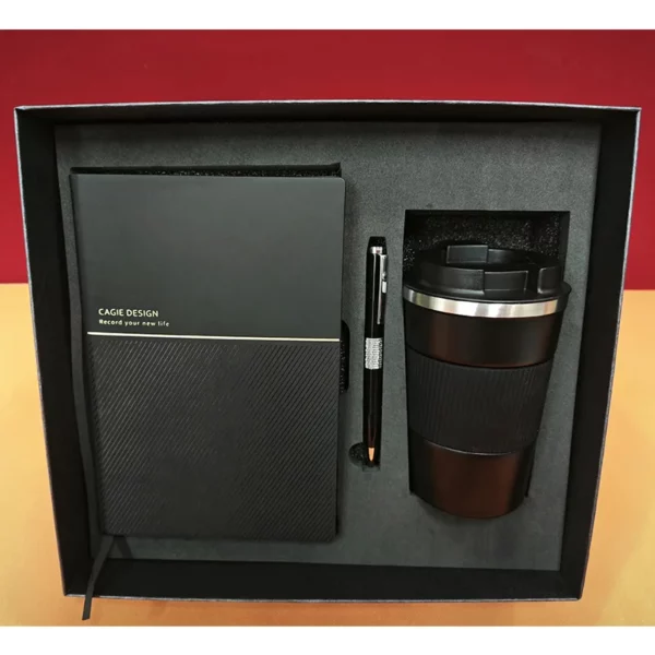 Black Stainless Steel Coffee Cup, A5 Notebook & Metal Pen Executive Gift Set with Box & Bag - Image 2