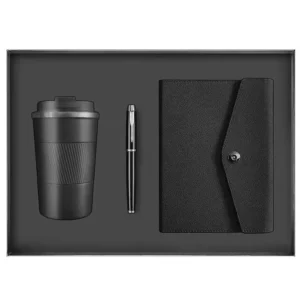 Black 380ml Stainless Steel Coffee Cup, A5 Notebook & Metal Pen Executive Gift Set with Box & Bag