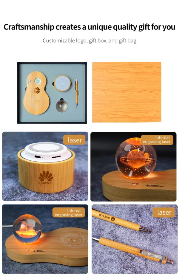 Eco-Friendly Wood Wireless Charger (3D Logo), Wireless Speaker & Pen Desk Set with Box & Bag - Image 2