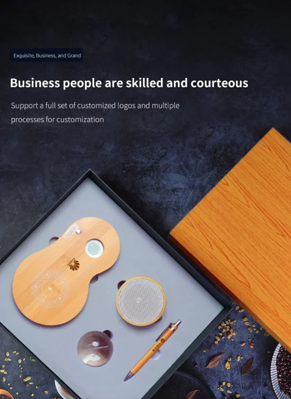 Eco-Friendly Wood Wireless Charger (3D Logo), Wireless Speaker & Pen Desk Set with Box & Bag - Image 3