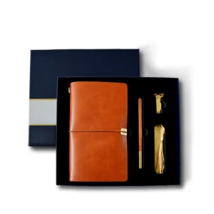 Deluxe A6 Account Notebook, Keychain, Brass Bookmark & Wood Metal Pen Gift Set with Box & Bag
