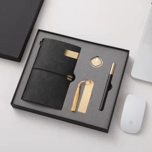 Elegant A6 Account Notebook, Brass Buckle, Brass Bookmark & Wood Metal Pen Gift Set with Box & Bag