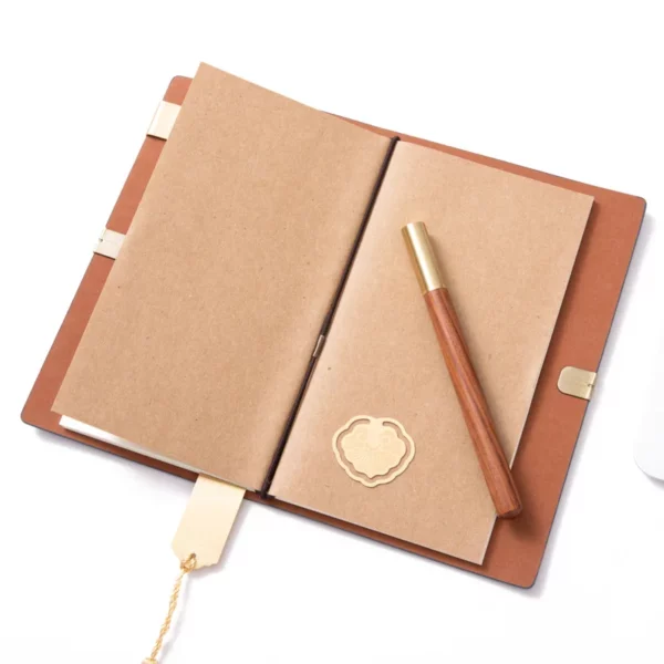 Elegant A6 Account Notebook, Brass Buckle, Brass Bookmark & Wood Metal Pen Gift Set with Box & Bag - Image 6
