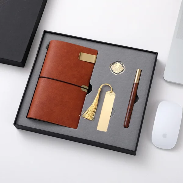 Elegant A6 Account Notebook, Brass Buckle, Brass Bookmark & Wood Metal Pen Gift Set with Box & Bag - Image 2