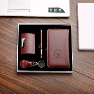 Stylish PU & Metal Card Holder, Metal Pen, PU Keychain & A6 Notebook Gift Box Set