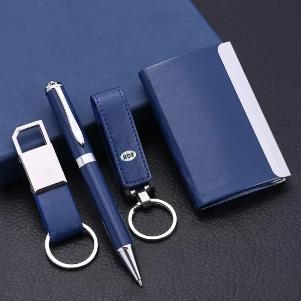 Versatile PU 16GB USB Drive, Metal Pen, PU & Metal Keychain & Card Holder Gift Set (Black/Blue/Red) with Box & Bag