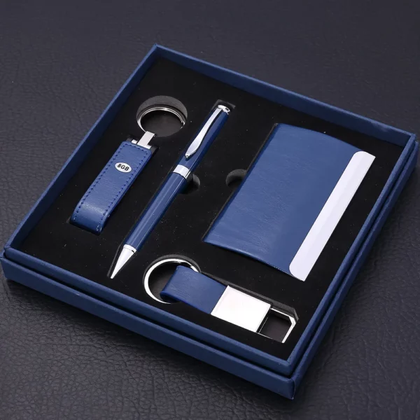 Versatile PU 16GB USB Drive, Metal Pen, PU & Metal Keychain & Card Holder Gift Set (Black/Blue/Red) with Box & Bag - Image 5