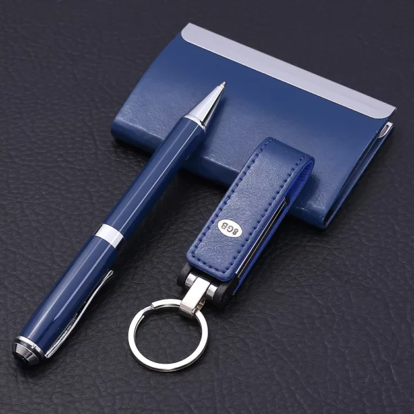 Versatile PU 16GB USB Drive, Metal Pen, PU & Metal Keychain & Card Holder Gift Set (Black/Blue/Red) with Box & Bag - Image 9