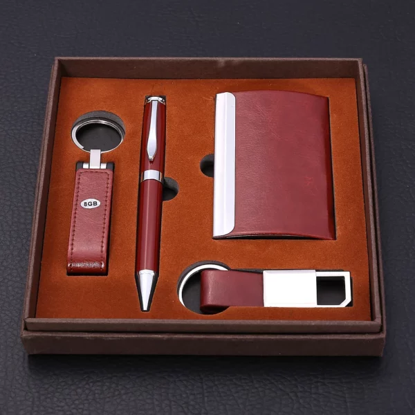 Versatile PU 16GB USB Drive, Metal Pen, PU & Metal Keychain & Card Holder Gift Set (Black/Blue/Red) with Box & Bag - Image 3
