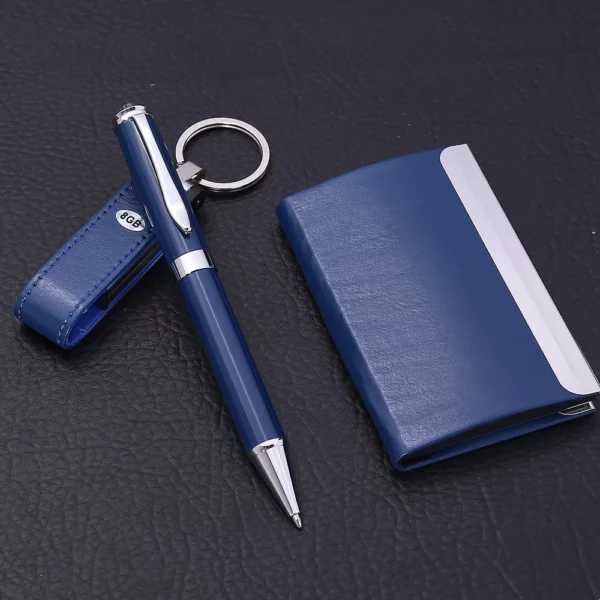 Versatile PU 16GB USB Drive, Metal Pen, PU & Metal Keychain & Card Holder Gift Set (Black/Blue/Red) with Box & Bag - Image 4