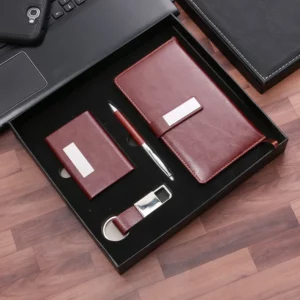 Professional A6 Notebook, Metal Pen, PU & Metal Keychain & Card Holder Gift Set (Black/Blue/Red) with Box & Bag