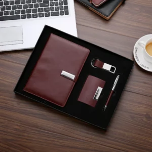Executive A5 Notebook, Metal Pen, PU & Metal Keychain & Card Holder Gift Set (Black/Blue/Red) with Box & Bag