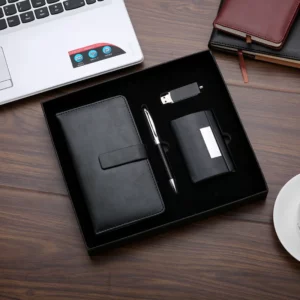 Premium A5 Notebook, Metal Pen, 16GB USB Drive & PU & Metal Card Holder Gift Set (Black/Blue/Red) with Box & Bag