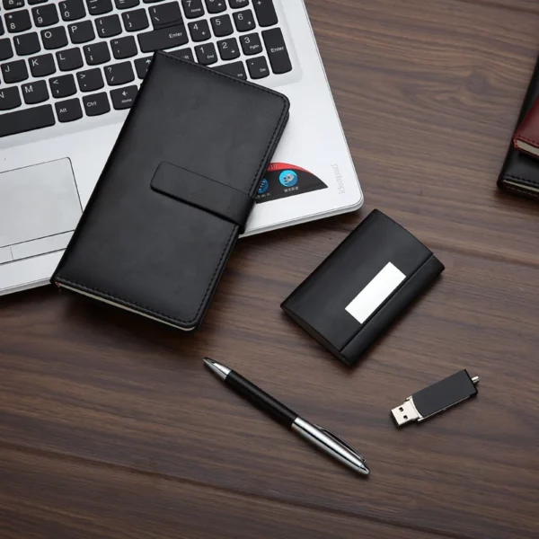 Premium A5 Notebook, Metal Pen, 16GB USB Drive & PU & Metal Card Holder Gift Set (Black/Blue/Red) with Box & Bag - Image 3