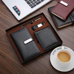 Elegant A6 Notebook, Metal Pen, PU & Metal Keychain & PU Wallet Gift Set (Black/Blue/Red) with Box & Bag