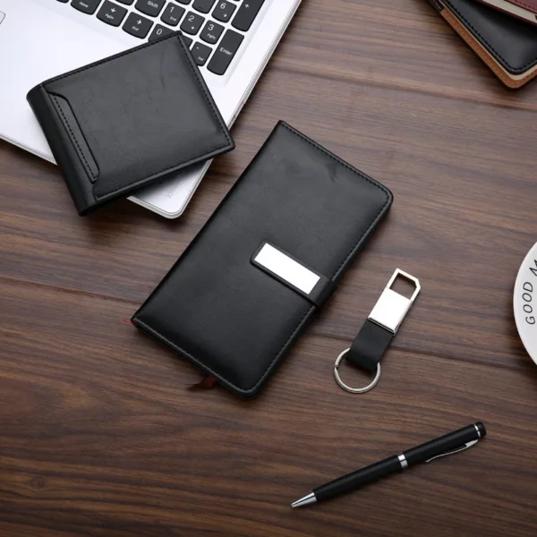 Elegant A6 Notebook, Metal Pen, PU & Metal Keychain & PU Wallet Gift Set (Black/Blue/Red) with Box & Bag - Image 7