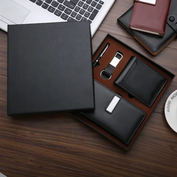Elegant A6 Notebook, Metal Pen, PU & Metal Keychain & PU Wallet Gift Set (Black/Blue/Red) with Box & Bag - Image 4
